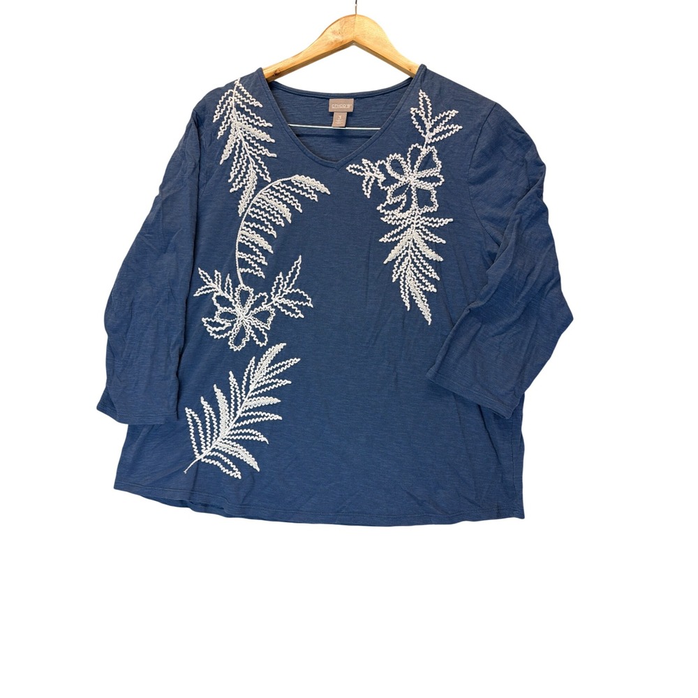 Chico's Blue Embroidered Beaded V-Neck Top 3/4 Sleeve Cotton Modal Size 3 Large
